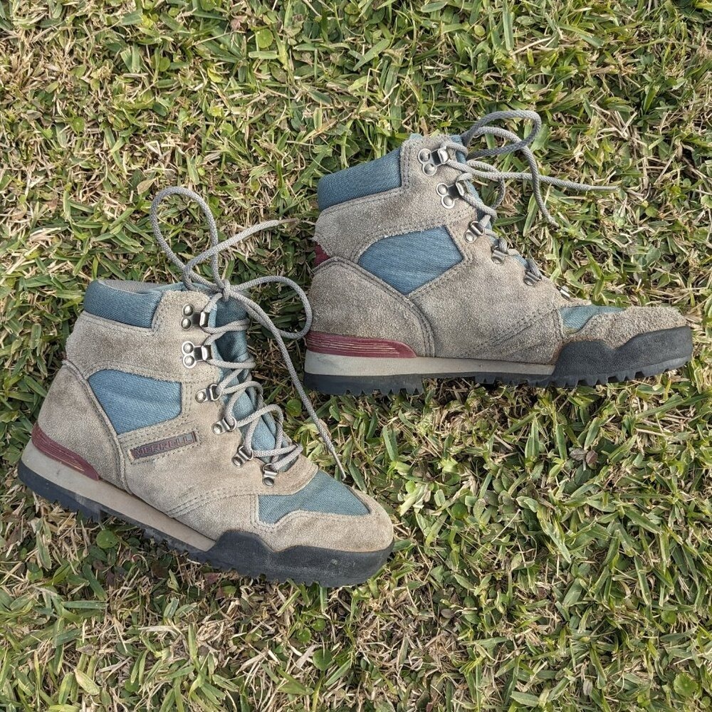 Vtg 90s Merrell Hiking Boots Women's 7.5 Shadow Grey Blue Suede Canvas